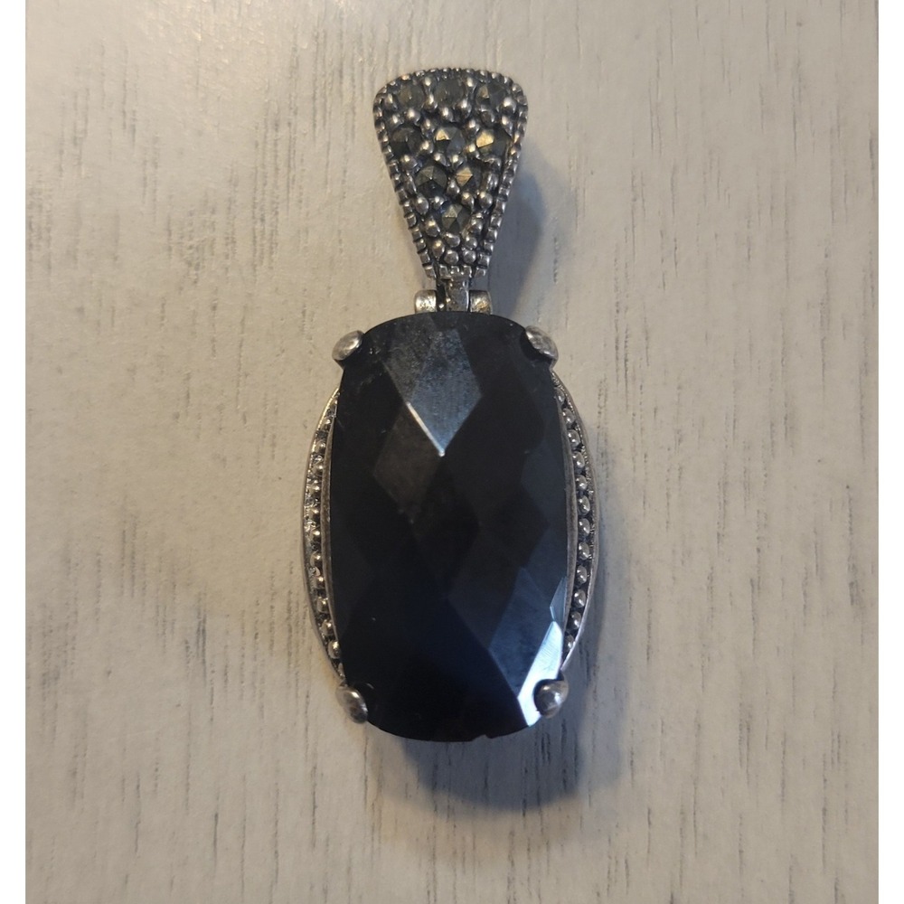 Marcasite and Faceted Onyx  Pendant Sterling Silver Stamped Women's Jewelry